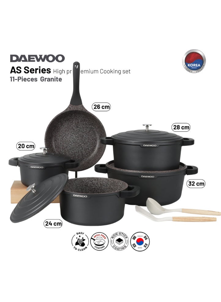 دايو طقم أواني طبخ جرانيت من Daewoo سلسلة AS مكون من 11 قطعة (قدور 32، 28، 24 سم + مقلاة 26 سم + كسرولة 20 سم) مع مقابض سيليكون للأواني وأدوات طبخ - Image 2